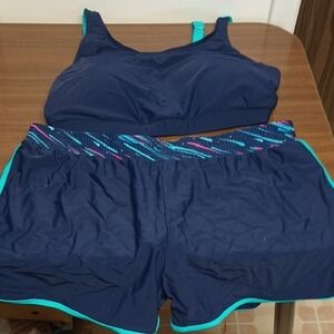 Women's 3 PCs Navy Blue Teal And Pink Swim Suit